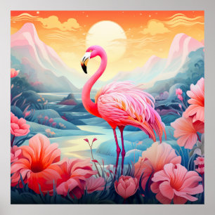 Affiche Flamant rose rose tropical avec fleurs