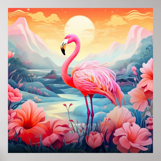 Affiche Flamant rose rose tropical avec fleurs (Devant)