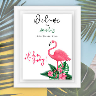 Affiche Flamant rose rose tropical Baby shower Aloha - Bie