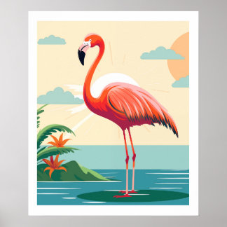 Affiche Flamant rose rose vintage sur la plage