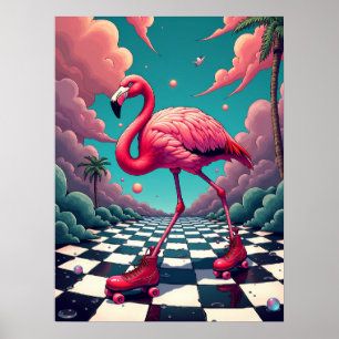 Affiche Flamant rose sur une patinoire de rêve : Retro Sur