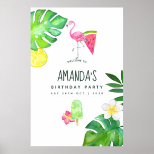 Affiche Flamant Rose Tropical Aquarelle Anniversaire d'Été