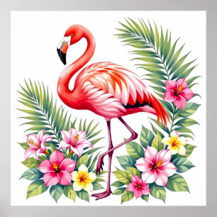 Affiche Flamant Rose Tropical Aquarelle Florale Hawaïenne