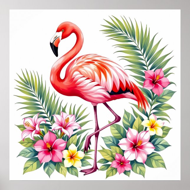Affiche Flamant Rose Tropical Aquarelle Florale Hawaïenne (Devant)