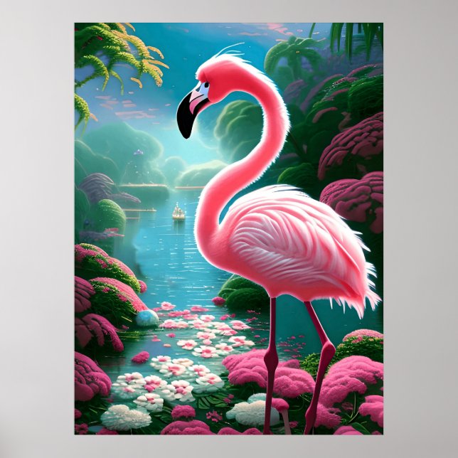 Affiche Flamant rose tropical aux fleurs (Devant)