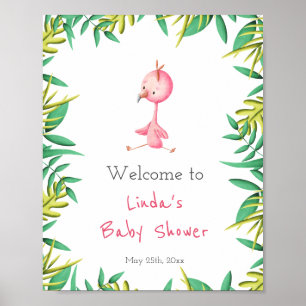 Affiche Flamant rose Tropical Fille Baby shower Bienvenue