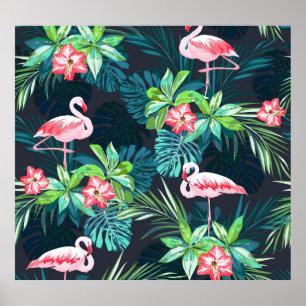 Affiche Flamant rose tropical : Fleurs d'été Motif