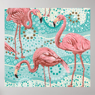 Affiche Flamant rose Tropical : Papier peint Floral Vintag