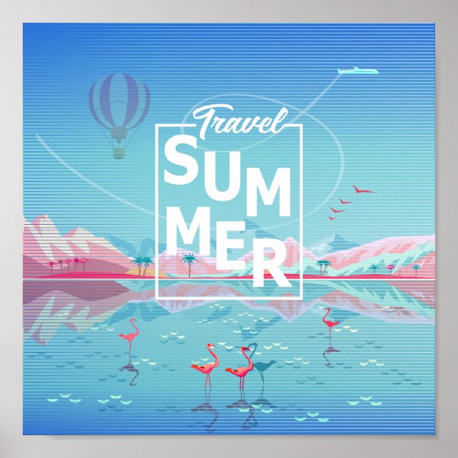 Affiche Flamant rose, Voyage magique, Plage de mer tropica (Devant)