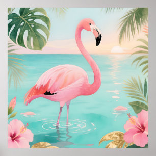 Affiche Flamant Tropical Coucher de Soleil Aquarelle
