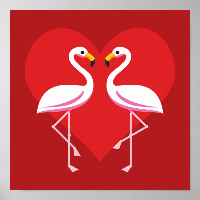 Affiche Flamants roses blancs mignons rose avec coeur roug (Devant)