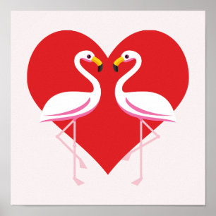 Affiche Flamants roses blancs mignons rose avec coeur roug