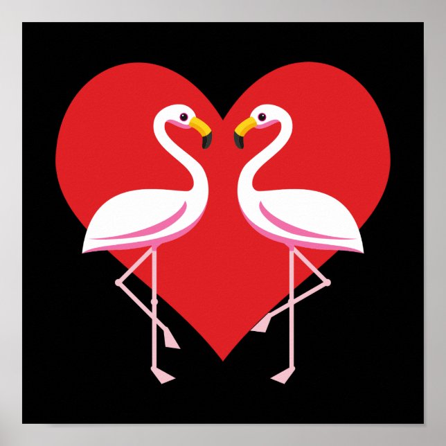 Affiche Flamants roses blancs mignons rose avec coeur roug (Devant)
