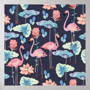 Affiche Flamants roses entourés de fleurs de lotus et pro