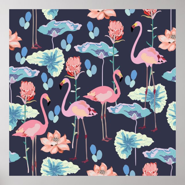 Affiche Flamants roses entourés de fleurs de lotus et pro (Devant)