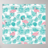 flamants roses, feuilles de palmiers verts, tropic