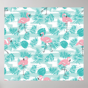 Affiche flamants roses, feuilles de palmiers verts, tropic