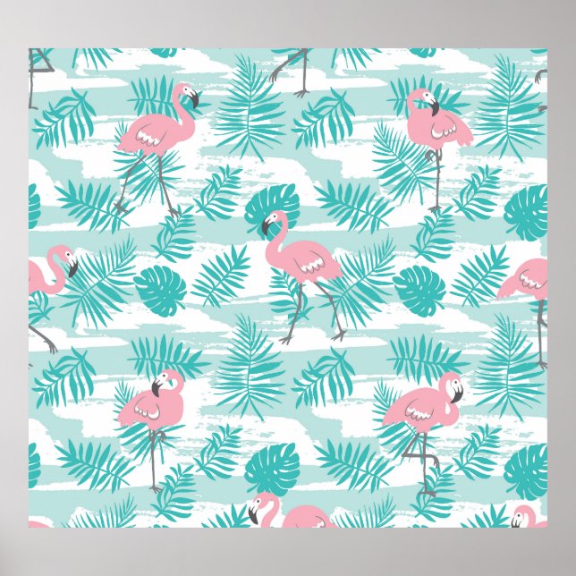 Affiche flamants roses, feuilles de palmiers verts, tropic (Devant)