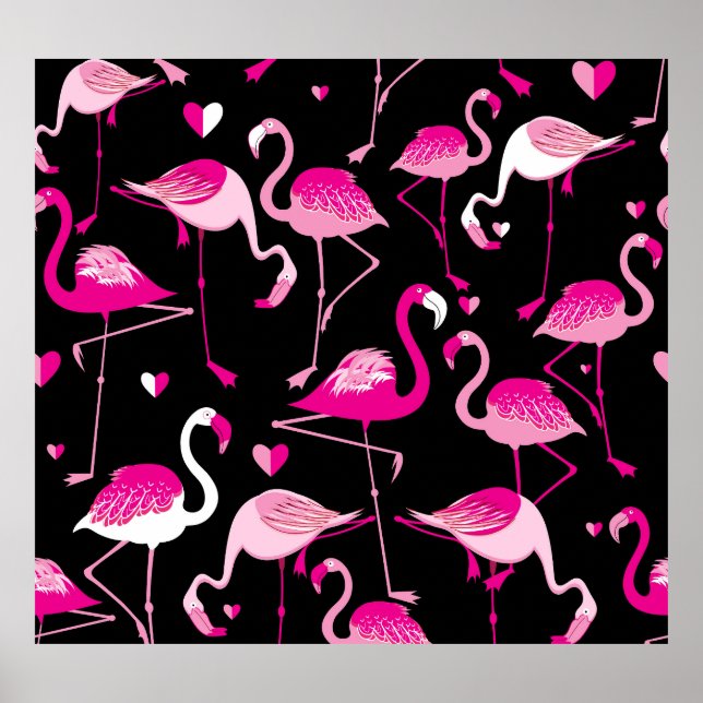 Affiche flamants roses, motif sans soudure foncée. (Devant)