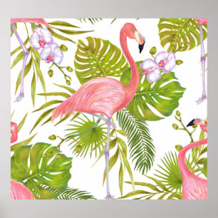 Affiche Flamants roses, orchidées : motif aquarelle.