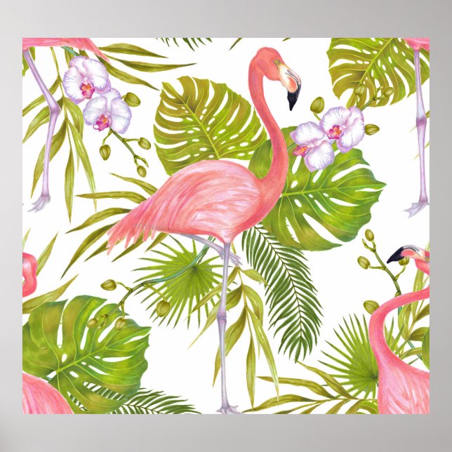 Affiche Flamants roses, orchidées : motif aquarelle. (Devant)