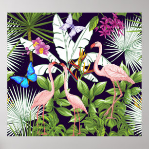 Affiche Flamants roses, plantes tropicaux : motif vintage.