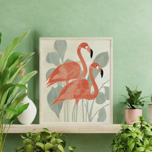 Affiche Flamants roses plantes vertes aquarelle élégant am