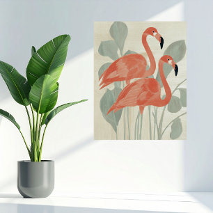 Affiche Flamants roses plantes vertes aquarelle stylé amus