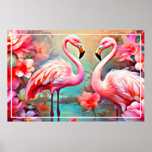 Affiche Flamants roses roses dans un lac avec fleurs-20231