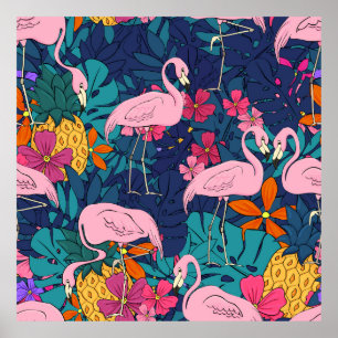 Affiche Flamants roses sur un arrière - plan de feuilles t
