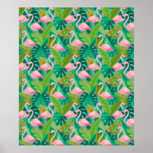 Affiche Flamants roses tropicaux Feuillage de la jungle