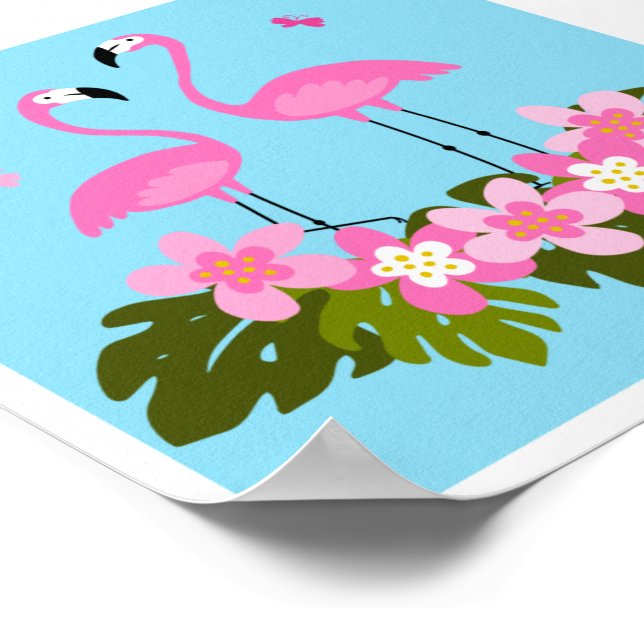 Affiche Flamants tropicaux et illustration florale (Coin)