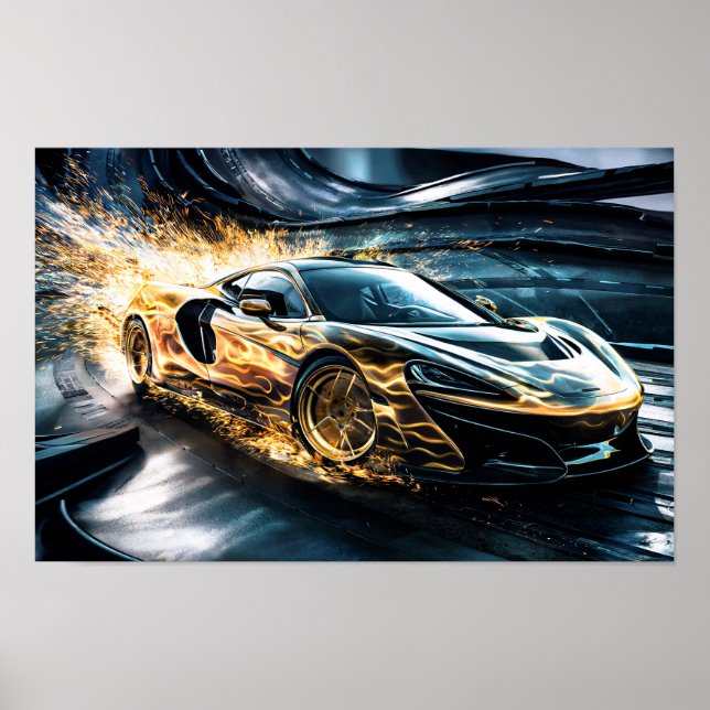 Affiche Flame Gold Racing Sports Voiture Drifting #2 (Devant)