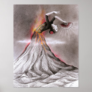 Affiche Flamenco dancing femme volcan crayon surréaliste a