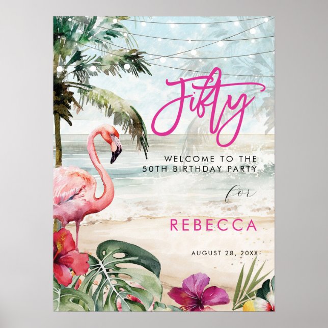 Affiche flamingo beach tropical cinquante bienvenue affich (Devant)