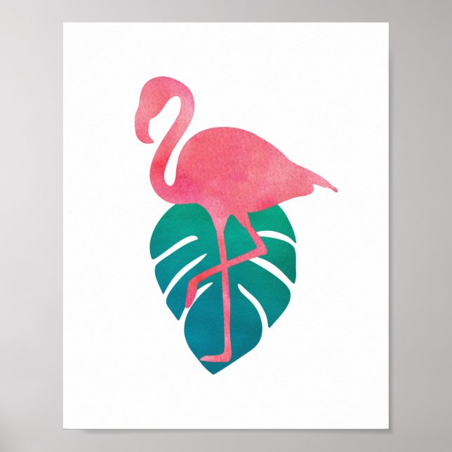Affiche Flamingo Feuilles Tropicales Art Aquarelle (Devant)