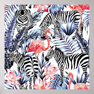 Affiche Flamingo rose exotique, zèbre sur l'été arrière -