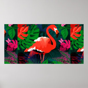 Affiche Flamingo rose. Feuilles tropicaux, papillon rose,