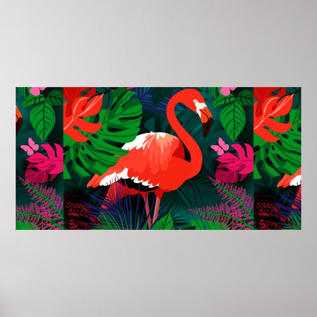Affiche Flamingo rose. Feuilles tropicaux, papillon rose,  (Devant)