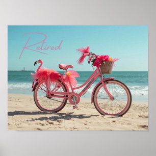 Affiche Flamingo rose kawaii vélo à la retraite sur la pla