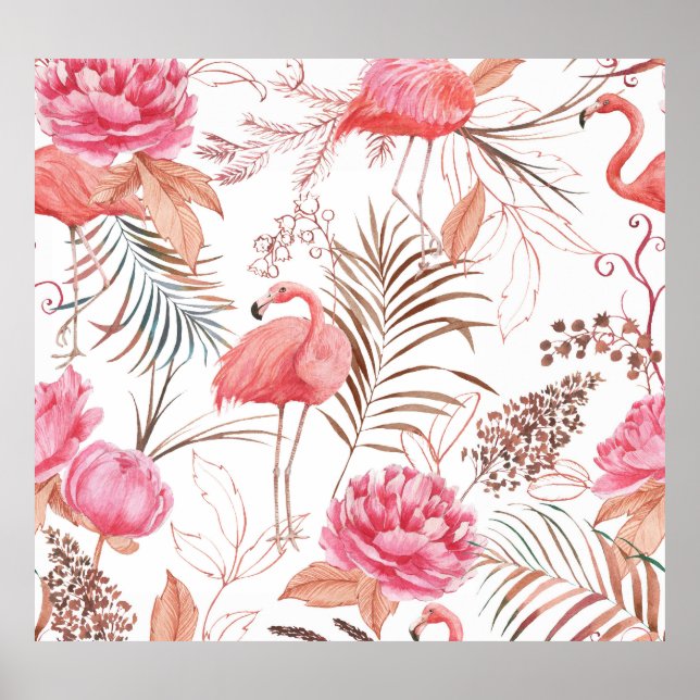 Affiche Flamingo rose, motif d'aquarelle de pivoine. (Devant)