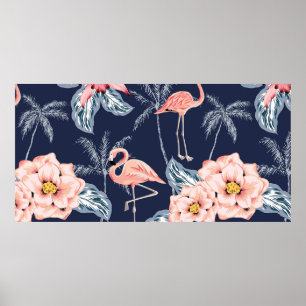 Affiche Flamingo rose, palmiers, rose, fleur d'orchidées,
