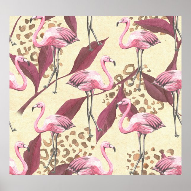 Affiche Flamingo rose tropical, motif léopard. (Devant)