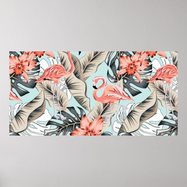 Affiche Flamingo rose tropicale avec fleurs d'orchidées et (Devant)