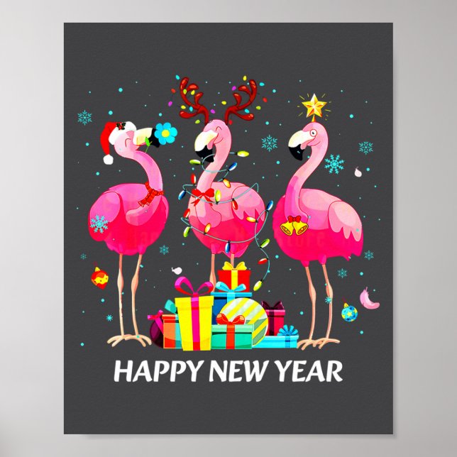 Affiche Flamingo Santa Hat Happy New Year Light Long Sleev (Devant)