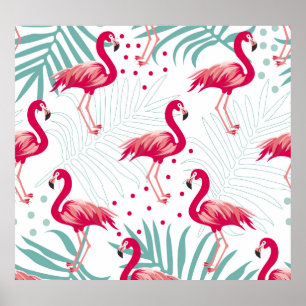 Affiche Flamingo tropical et feuille, motif d'été.