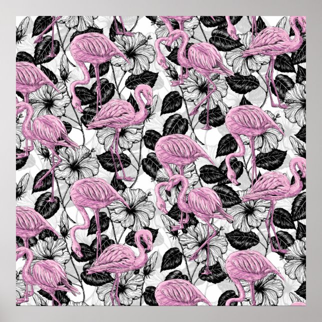 Affiche Flamingos and hibiscus flowers (Devant)