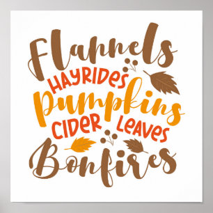 Affiche Flannels Hay Rides Citrouille cidre Feuilles Bonfi