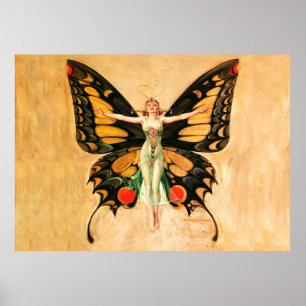 Affiche Flapper Butterfly Flying Woman Illustration