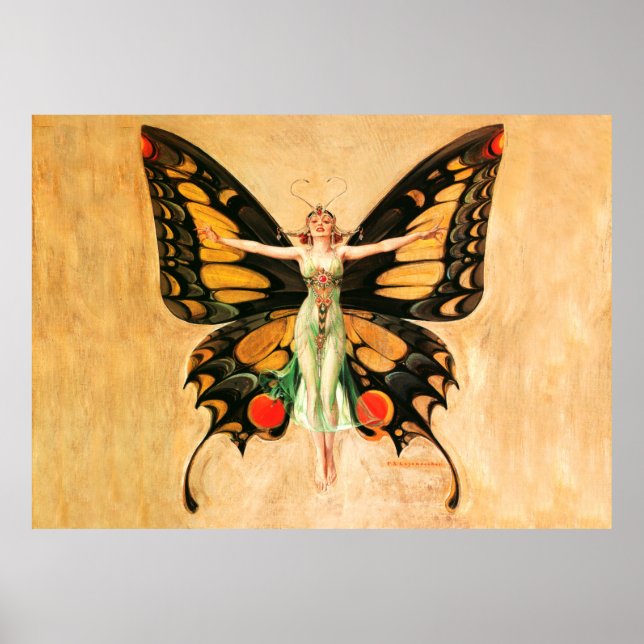 Affiche Flapper Butterfly Flying Woman Illustration (Devant)